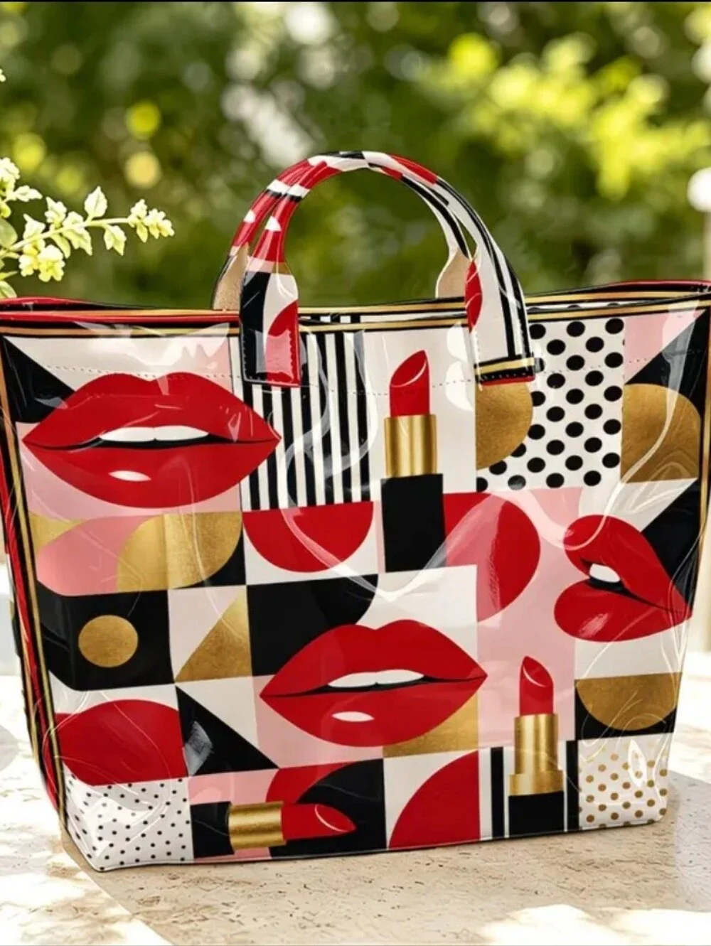 Women Retro Polka Dot Lipstick Print PVC Large Tote Bag